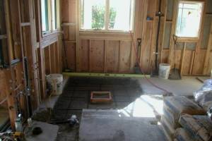 Lowered corner area to accommodate sunken jacuzzi in new master bathroom